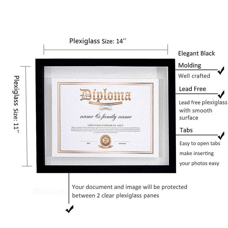 UMICAL 2 Pack - 11x14 Float Document Frame with Double Sided HD Plexiglass for Floating Display of 8.5x11 Document, Certificate, Image or Artwork, Wood Diploma Frame Decor of Wall Mounting, Black - Image 3